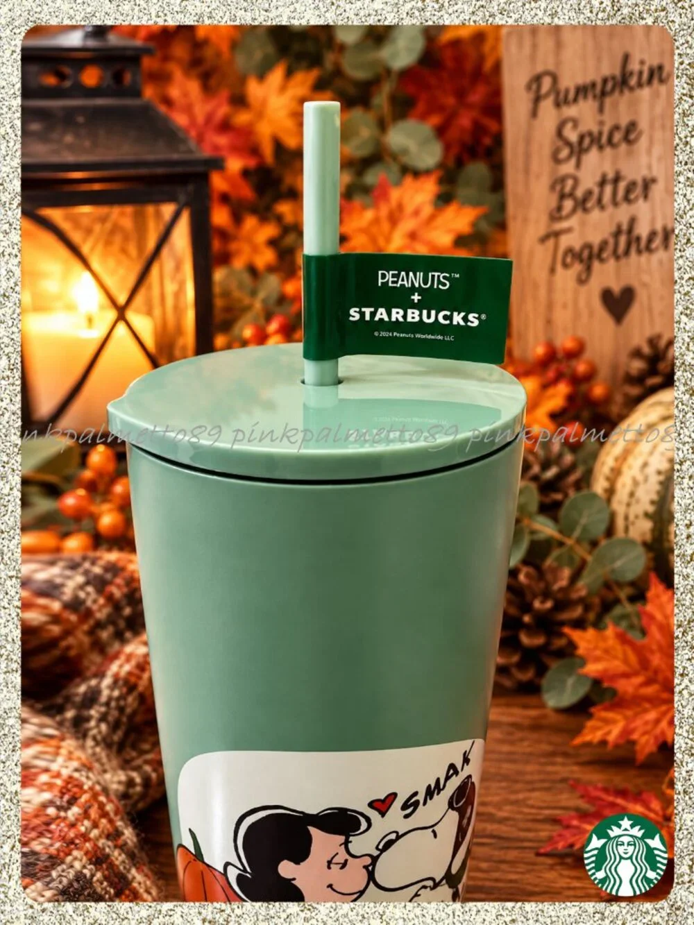 🍂🎃 NWT 2026 PEANUTS + Starbucks Snoopy & Lucy Sage Green 24oz SS Tumbler